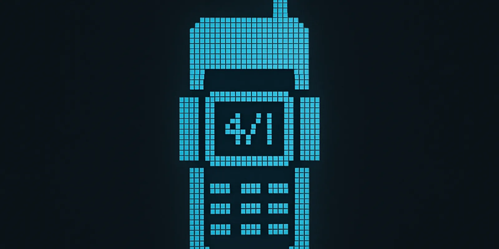 Schematic illustration in luminous keypad-backlight blue on a dark ground: the silhouette of a 1980s brick phone with a long antenna, a small music-player rectangle lashed to its face by two heavy bands, above the numerals 4/1.