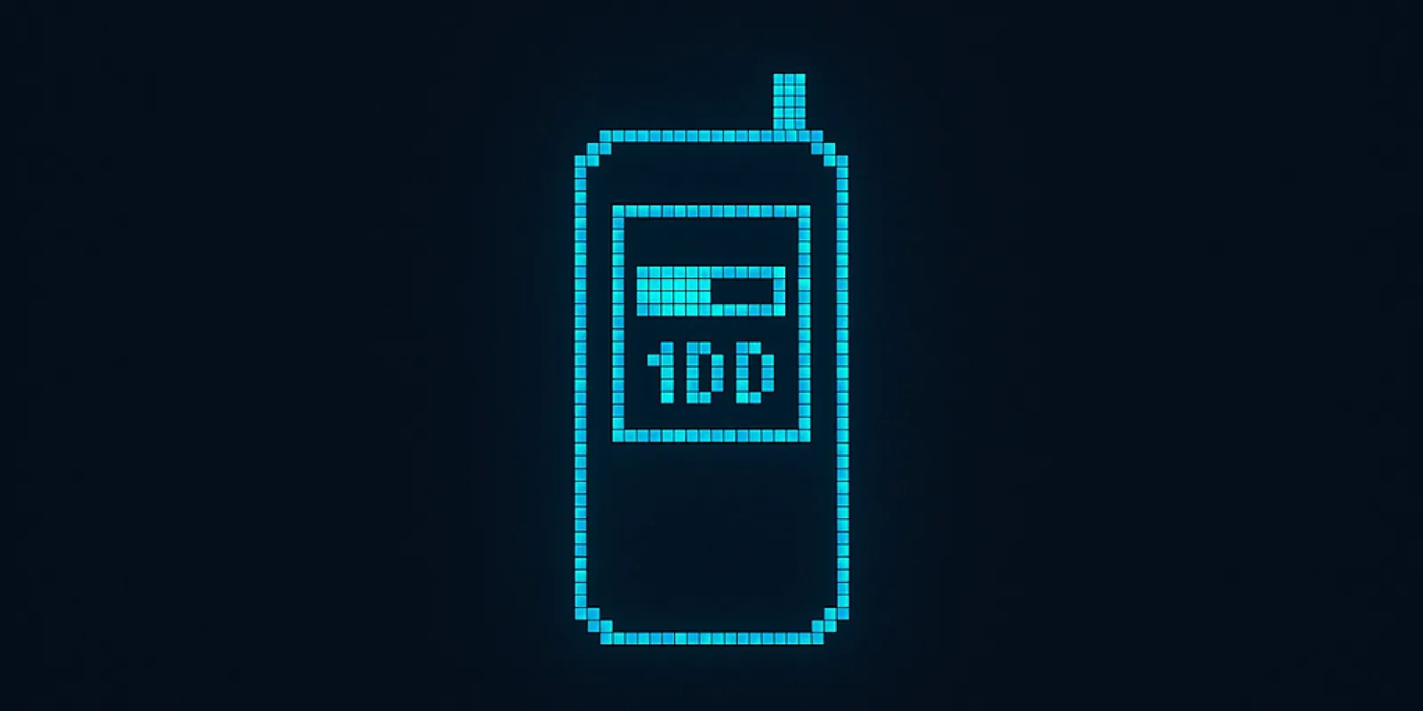 Backlit-blue schematic of a candybar phone silhouette on a dark pixel grid, its body filled by a progress bar that stops far short of full, beneath the numeral 100